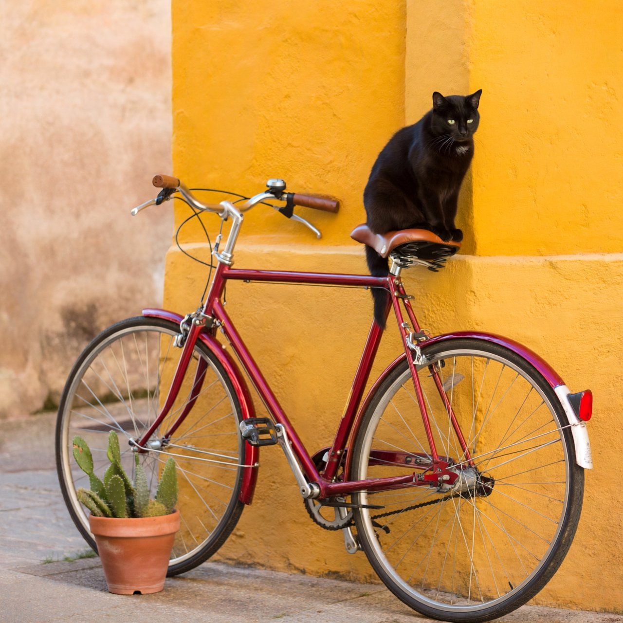 A red bicycle leaning against a yellow wall, a black cat sitting on the bicycle's saddle, a small potted cactus to the left of the bicycle. — ImagineArt 2