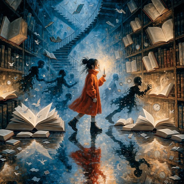 In an infinite library where floating staircases defy gravity, a young woman carries a candle through endless shelves. Her shadow has quietly detached itself from her feet and now wanders independently among the towering bookcases, secretly opening glowing books filled with forgotten memories. Each open page reveals miniature worlds: flying origami birds, drifting clocks, and tiny ghostly figures. The woman's candlelight creates impossible reflections, revealing dozens of alternative shadows with distinct personalities. Dreamlike surrealism, warm golden candlelight set against deep blue darkness, intricate details, magical realism, painterly. — Recraft v4 Pro
