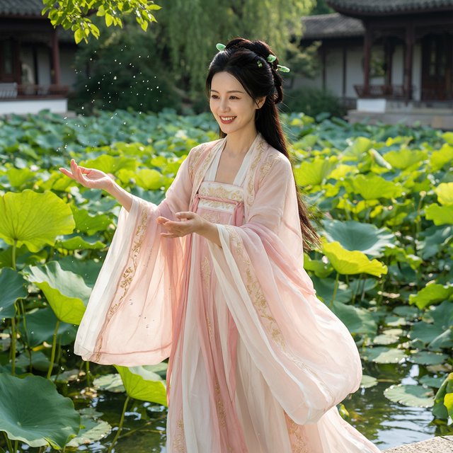 Cinematic shot, a breathtakingly stunning adult Chinese woman from ancient times playing joyfully by a crystal-clear lotus pond, mid-summer afternoon. She is wearing an exquisite, flowing silk Hanfu dress in pastel pink and white with intricate gold embroidery. Her face is porcelain-smooth, with delicate makeup, long black hair elegantly styled with jade hairpins, and a radiant, charming smile. Water droplets frozen in mid-air, sunlight filtering through lush green lotus leaves, creating dappled light on her skin. Shallow depth of field, bokeh background of traditional Chinese architecture, hyper-realistic, soft natural lighting, serene yet playful atmosphere. — Qwen Image 3.0 Pro