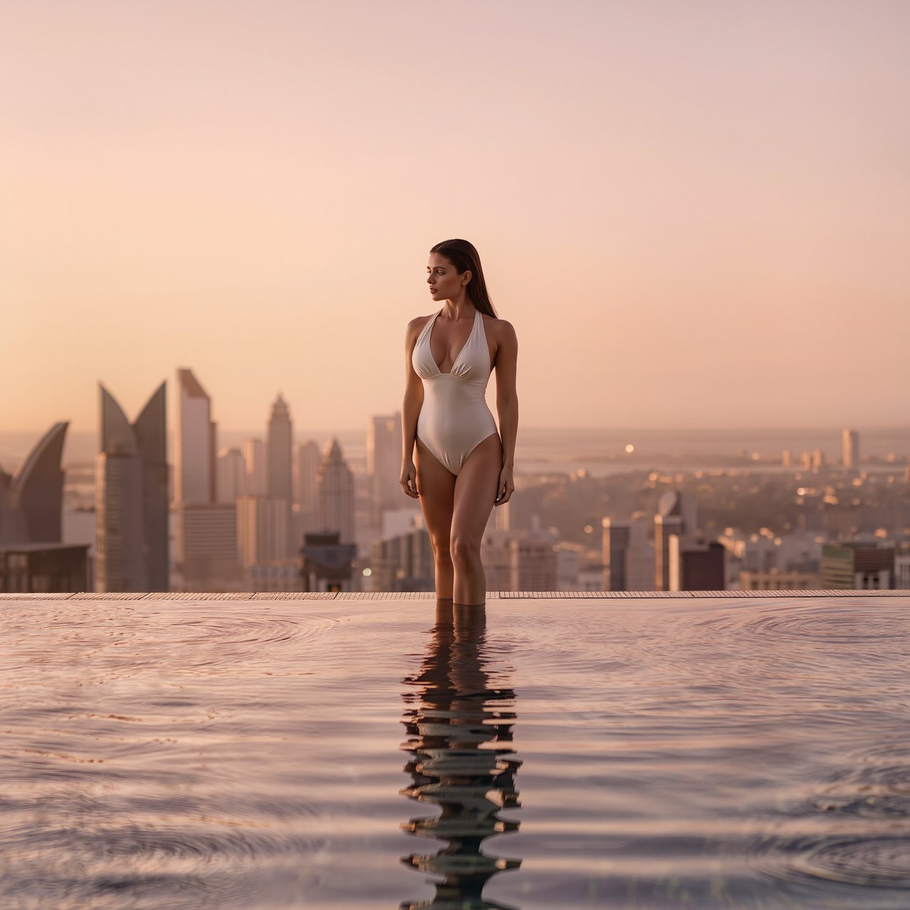 Editorial glamour photograph of one adult woman in a pearl-white one-piece swimsuit, standing naturally beside a rooftop infinity pool at sunrise, flattering peach light, city skyline, relaxed expression, elegant contemporary composition. — Kling v3