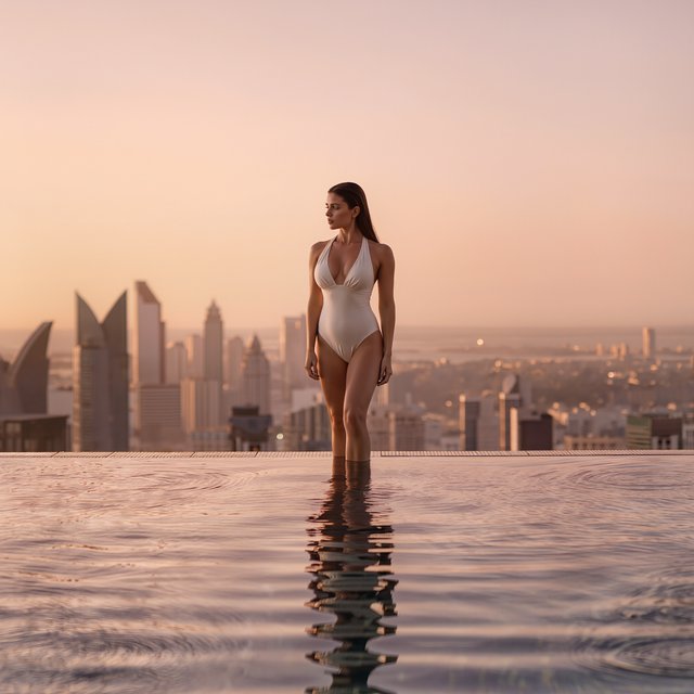 Editorial glamour photograph of one adult woman in a pearl-white one-piece swimsuit, standing naturally beside a rooftop infinity pool at sunrise, flattering peach light, city skyline, relaxed expression, elegant contemporary composition. — Kling v3