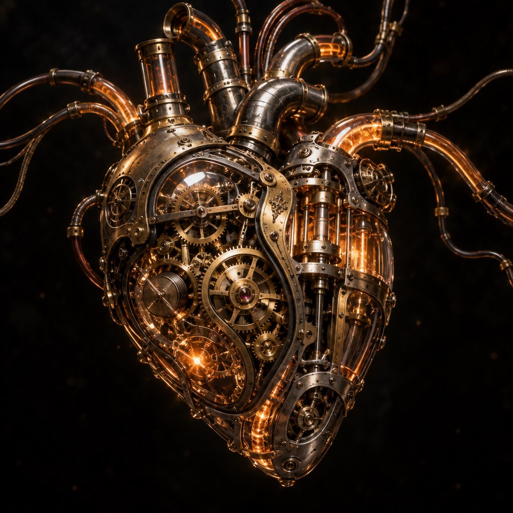 A beautifully intricate mechanical heart floating alone in deep darkness, designed like an exquisite piece of horological sculpture. Its polished brass, copper, and dark steel chambers are partially open, revealing layers of tiny interlocking gears, delicate springs, pistons, and precision mechanisms within. Sections of crystal-clear glass expose deeper workings, while slender tubes carry a faintly glowing fluid through the heart like an artificial bloodstream. Tiny gears turn and pistons move, suggesting that the heart is genuinely functioning. Fine mechanical filaments curl outward like veins and arteries, catching subtle highlights from the warm inner glow. Elegant steampunk aesthetic, dramatic cinematic lighting, rich metallic textures, intricate reflections, mysterious atmosphere. — GPT Image 2.5 Sunburst
