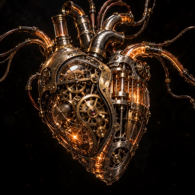 A beautifully intricate mechanical heart floating alone in deep darkness, designed like an exquisite piece of horological sculpture. Its polished brass, copper, and dark steel chambers are partially open, revealing layers of tiny interlocking gears, delicate springs, pistons, and precision mechanisms within. Sections of crystal-clear glass expose deeper workings, while slender tubes carry a faintly glowing fluid through the heart like an artificial bloodstream. Tiny gears turn and pistons move, suggesting that the heart is genuinely functioning. Fine mechanical filaments curl outward like veins and arteries, catching subtle highlights from the warm inner glow. Elegant steampunk aesthetic, dramatic cinematic lighting, rich metallic textures, intricate reflections, mysterious atmosphere. — GPT Image 2.5 Sunburst