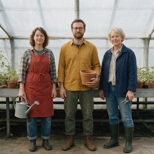 At a quiet greenhouse bench, exactly three adult botanists stand in a row: left wears a rust-red apron and holds a watering can, center wears a mustard shirt and holds a terracotta pot, right wears a navy jacket and holds pruning shears; nothing else. — Seedream 5.0 Pro