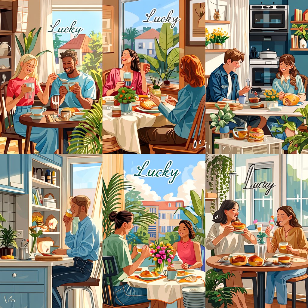 4–6 realistic scenes of people having the luckiest day of their lives. The word “Lucky” should appear at least twice in the image, and seem totally in place and seamless. The whole vibe is pretty much lucky moments that were unexpected but very welcome. — Midjourney Niji 7