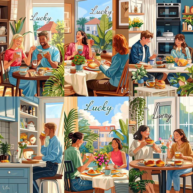 4–6 realistic scenes of people having the luckiest day of their lives. The word “Lucky” should appear at least twice in the image, and seem totally in place and seamless. The whole vibe is pretty much lucky moments that were unexpected but very welcome. — Midjourney Niji 7