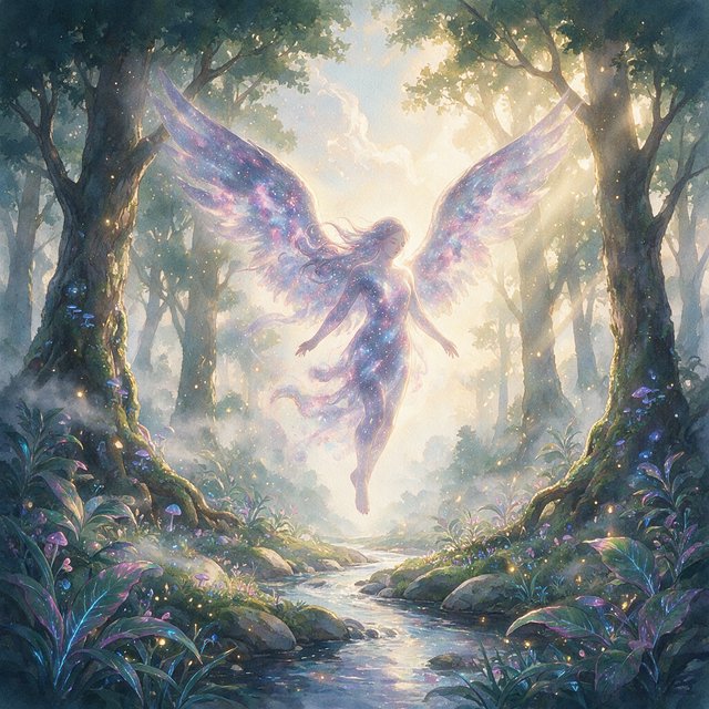 A lone angel with feathered wings, composed of swirling cosmic dust and nebulae, descends into a quiet, enchanted forest. Sunlight filters through the ancient canopy, illuminating wisps of mist and the vibrant, otherworldly plants below. The style is a fusion of hyper-detailed fantasy illustration and soft watercolor techniques, with the polished finish of concept art. — Seedream 5.0 Pro