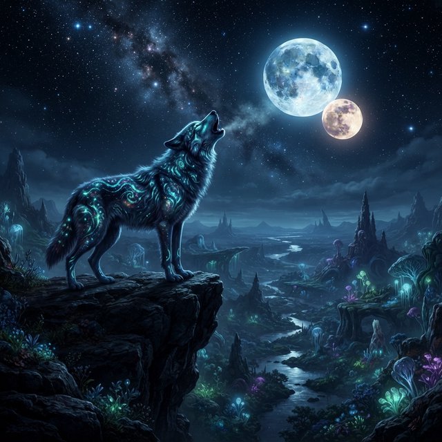 A solitary wolf, its fur subtly infused with shimmering, bio-luminescent patterns, howling at a sky filled with twin moons. The wolf stands on a cliff overlooking a vast, alien landscape dotted with strange, glowing rock formations and spectral, phosphorescent vegetation. — Nano Banana 2 Lite
