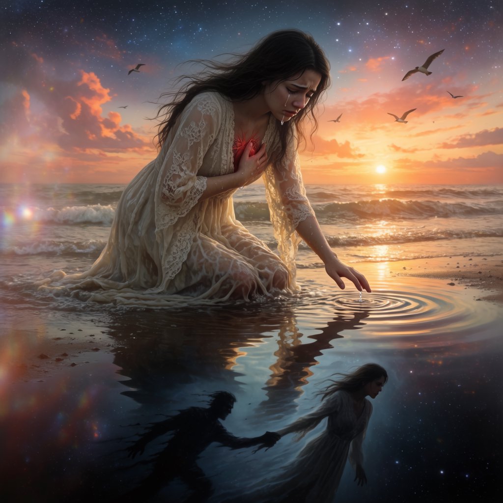 Cinematic, photorealistic artwork of a sorrowful young woman in a flowing ivory lace dress kneels in shallow surf at the waterline during sunset. Her long, windblown dark hair frames her downcast face; a tear flows down her cheek and into the water, one hand presses against her chest, glowing faintly crimson to suggest her still-beating heart, while her other fingertips touch the water. The world behind her remains beautiful: a golden sun shines over restless waves, seabirds cross the sky, and fiery peach clouds fade into star-filled indigo. In the wet sand, her reflection becomes a dark cosmic void. Stars ripple around a fading, ghostlike image of her partner deserting her and dissolving into darkness. The tear forms concentric ripples, disturbing an entire universe. Contrast warm golden life above with cool blue-black devastation below. Natural cinematic lighting, detailed water reflections, realistic anatomy, restrained grief. No text, borders, or collage. — Krea 2 Large