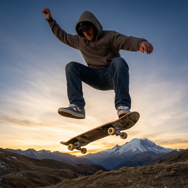 A man wearing a hoodie, jeans, and sneakers rides a skateboard that has taken off the ground. A low angle shows the man on the skateboard up in the air at high speed, with a snow-capped peak in the background beneath a setting sun in the evening sky. — Qwen Image 3.0