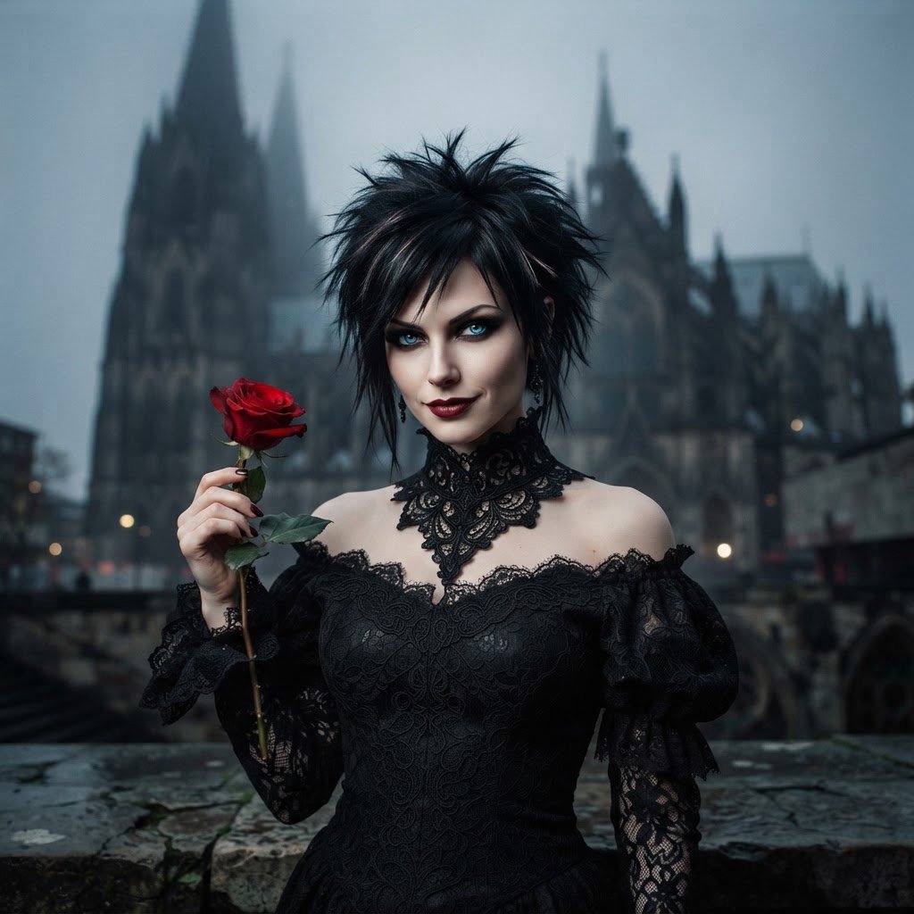 Atmospheric lighting creates soft background gradients through value blending, and surreal dark textures produce cracked surfaces and splatter via organic mark making. The fusion manifests as lace edges, dramatic chiaroscuro, and sharp focal contrast, transforming any subject through meticulous gothic surface modeling. A gothic woman depicted in 2026, with spiky black hair, blue eyes, and pale skin, wearing a black off-shoulder lace dress with a high ornate collar and puffed sleeves, holding a red rose. Close-up at eye level, the woman facing forward with her head slightly tilted, gazing directly at the viewer, holding a red rose in her right hand near her shoulder. Scene set before a gothic cathedral during overcast twilight, with misty atmosphere, featuring tall church spires in the background. — Nano Banana 2 Lite