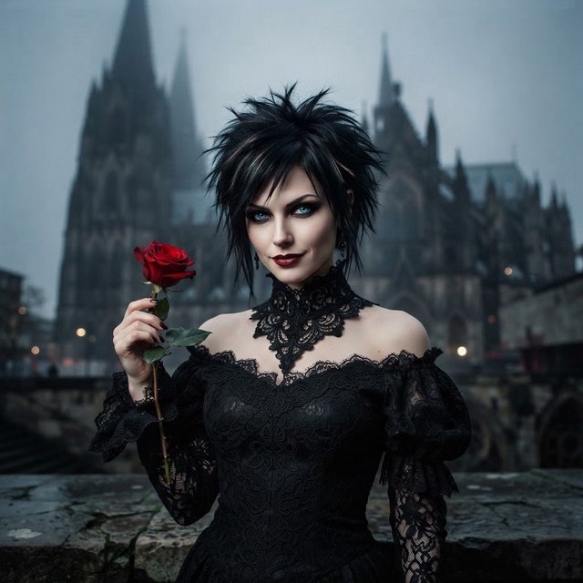 Atmospheric lighting creates soft background gradients through value blending, and surreal dark textures produce cracked surfaces and splatter via organic mark making. The fusion manifests as lace edges, dramatic chiaroscuro, and sharp focal contrast, transforming any subject through meticulous gothic surface modeling. A gothic woman depicted in 2026, with spiky black hair, blue eyes, and pale skin, wearing a black off-shoulder lace dress with a high ornate collar and puffed sleeves, holding a red rose. Close-up at eye level, the woman facing forward with her head slightly tilted, gazing directly at the viewer, holding a red rose in her right hand near her shoulder. Scene set before a gothic cathedral during overcast twilight, with misty atmosphere, featuring tall church spires in the background. — Nano Banana 2 Lite