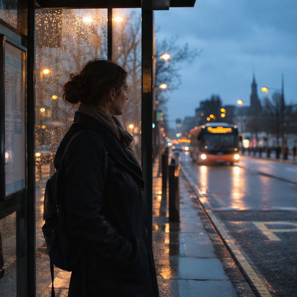 Candid documentary photograph of an adult waiting beside a city bus shelter at dawn, sodium streetlights fading into cool blue daylight, 50mm lens with shallow depth of field, fine rain droplets clinging to the shelter glass. — GPT Image 2.5 Flare