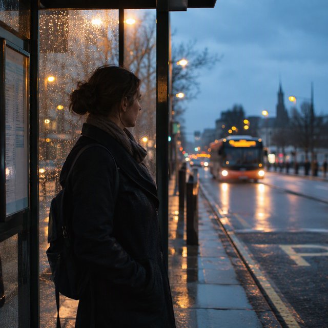 Candid documentary photograph of an adult waiting beside a city bus shelter at dawn, sodium streetlights fading into cool blue daylight, 50mm lens with shallow depth of field, fine rain droplets clinging to the shelter glass. — GPT Image 2.5 Flare