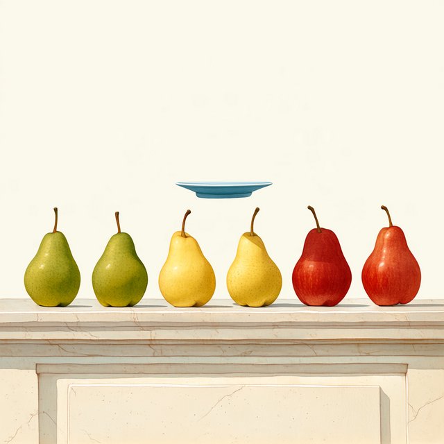 Exactly six ripe pears sit on a pale stone counter: two green pears on the left, two yellow pears in the center, and two red pears on the right. A small blue plate sits above the center pair, nothing else. — Midjourney Niji 7