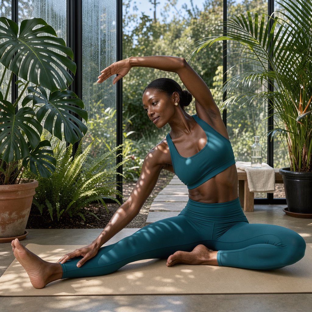 Editorial glamour photograph of an adult woman in a deep teal fitness set, enjoying a calm stretch amid a sunlit botanical conservatory, flattering window light filtering through tropical leaves, relaxed expression, polished fashion-magazine elegance. — FLUX 3 Image