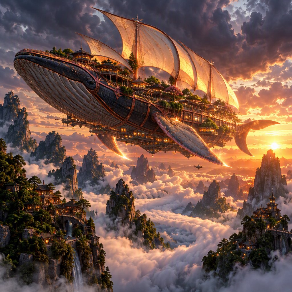 A vast, whale-shaped sky barge sails between mountain spires, its copper ribs supporting gardens and glowing sailcloth. Below, cloud rivers curl around tiny cliff villages as sunset pours through storm breaks, outlining the vessel in molten gold. — GPT Image 2.5 Flare