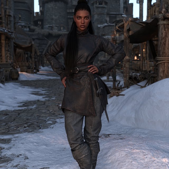 An eighteen-year-old woman. She has long straight black hair tied up, brown eyes, and dark skin. She is wearing a dark leather tunic, grey leather pants, and leather boots. She has a sheathed dagger on her hip, standing with her hands on her hips and looking at the viewer. She is standing in a snowy medieval city. — Model 13