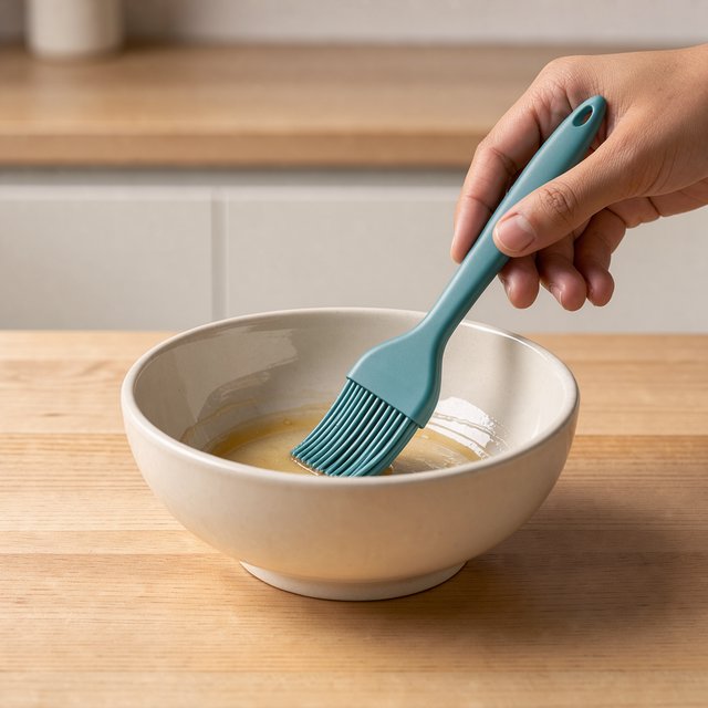 Across a honed maple counter, an adult hand guides an unbranded silicone pastry brush over a ceramic bowl; its ribbed teal handle catches diffused key light and warm bounce against a cream kitchen background, face cropped out, no lettering, commercial product image. — FLUX 3 Image