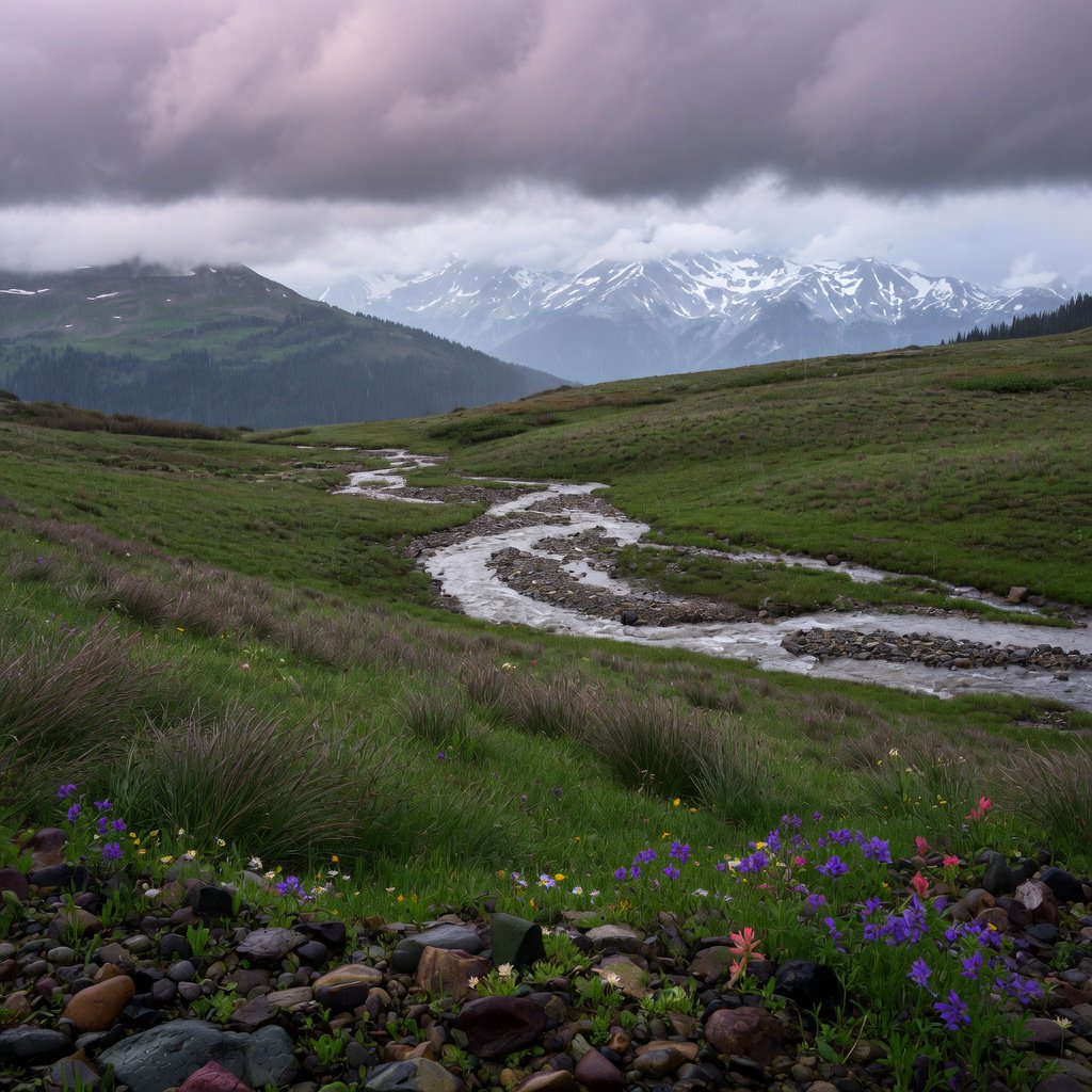 A windswept alpine meadow beneath heavy morning clouds, fresh rain darkening the grasses, a braided stream winding toward distant snowcapped peaks, tiny wildflowers and wet stones sharpening the foreground texture and layered depth. — Grok Imagine Image Quality