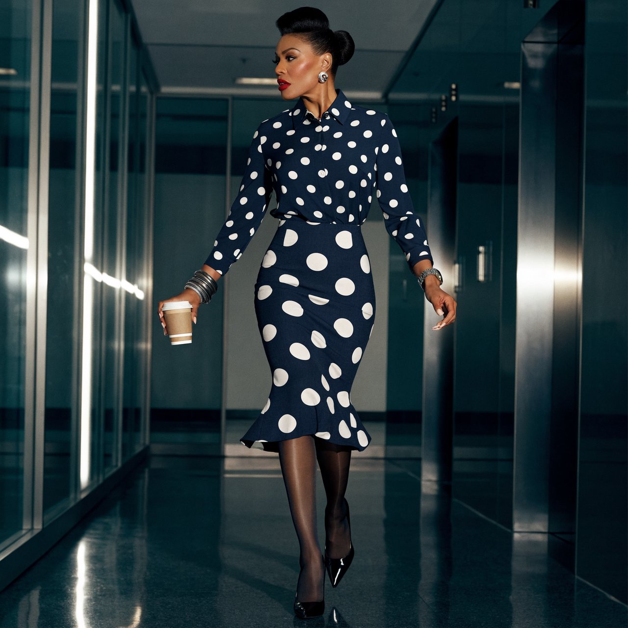 A tall, muscular businesswoman with strong, defined arms strides through a modern office hallway wearing a tailored polka dot blouse and pencil skirt, paired with pointed-toe high heels showing a polished pedicure. Her expression is assertive and self-assured, dynamic motion blur in the background, dramatic studio lighting, high-fashion editorial style — Recraft v4 Pro