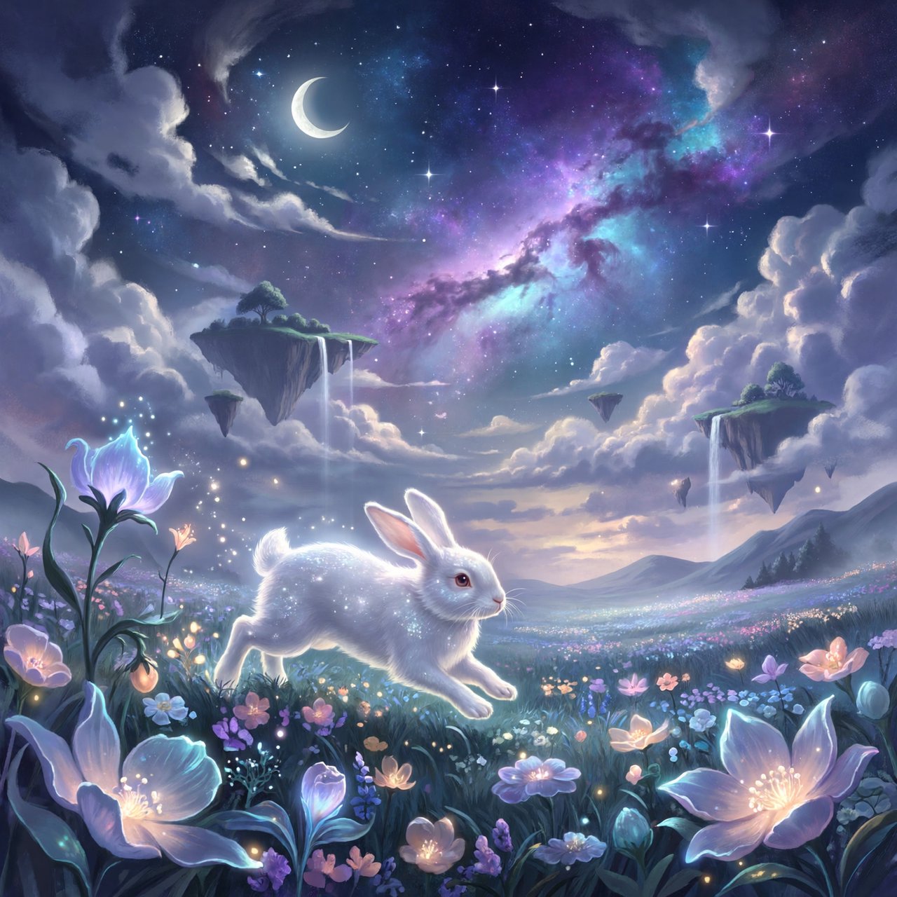 An ethereal rabbit, its fur made of shimmering moonlight, hops through a field of glowing, otherworldly flowers under a sky filled with nebulae. The landscape is dreamlike and surreal, with floating islands in the distance. The style is a delicate digital painting with fantasy elements, evoking a sense of wonder and tranquility. — ImagineArt 2