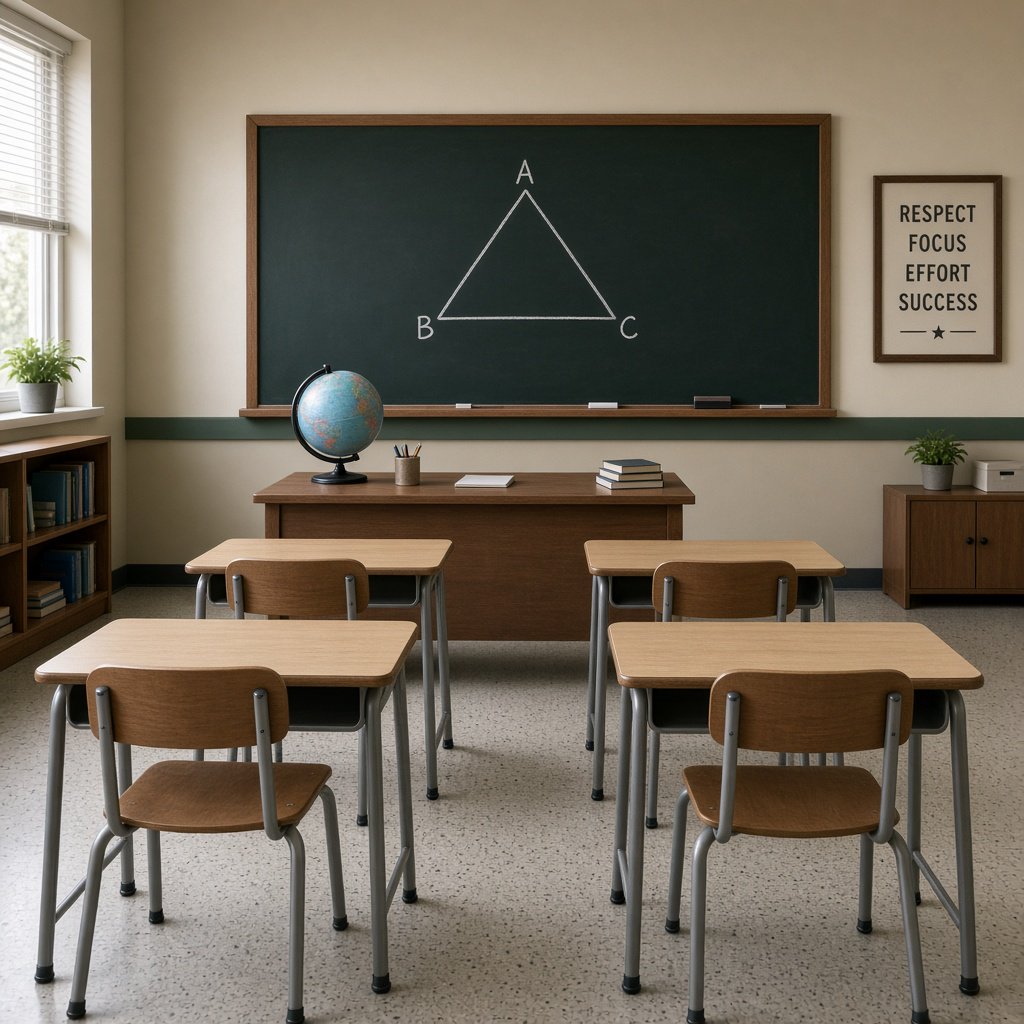 A classroom with exactly four desks in two rows, a globe on the teacher's desk, a chalkboard with a single drawn triangle, empty of people. — Grok Imagine Image 2