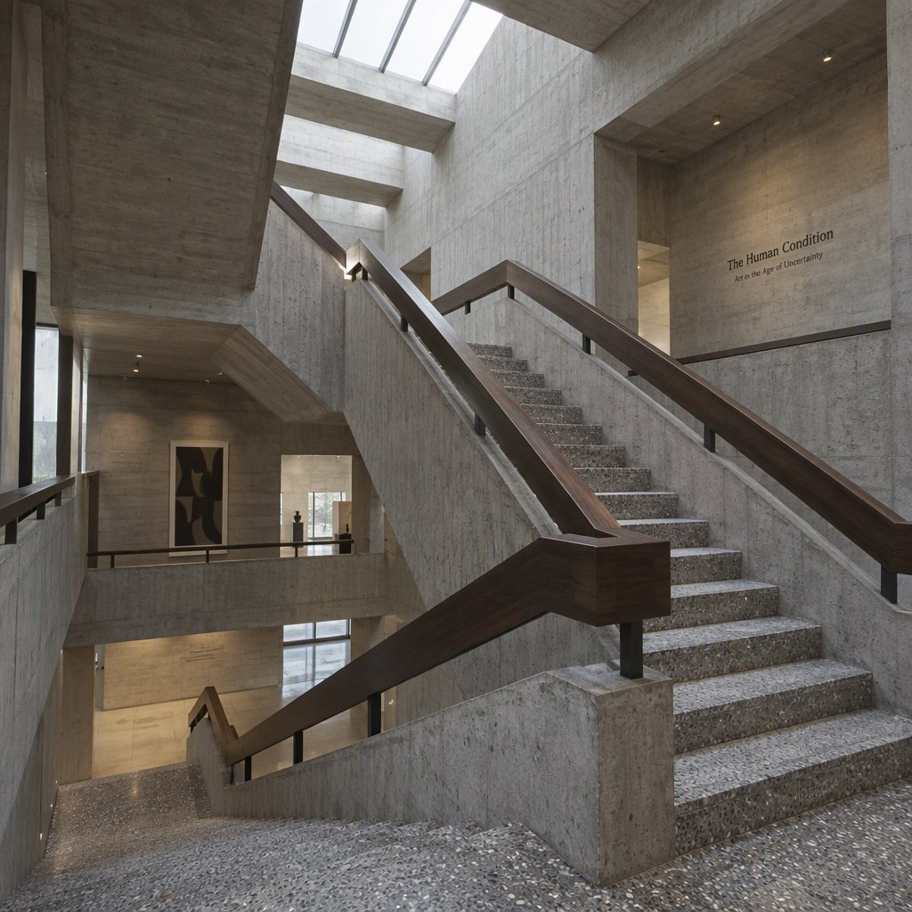 At the heart of a restrained Brutalist museum, a folded concrete stair rises beside smoked-oak handrails and terrazzo landings; skylight washes the treads, seen from the lower landing, with aligned flights and believable supports. — GPT Image 2.5 Sunburst