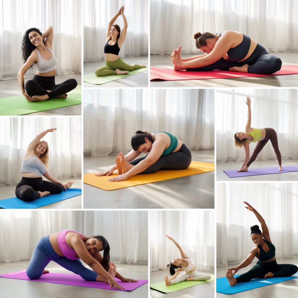 A realistic image of a group of adult women at a yoga class. Women of many races, with slim, curvy, and other body types, all wearing yoga wear, all on colorful yoga mats, all posing, with many angles and POVs. 3–6 angles. — Krea 2 Large