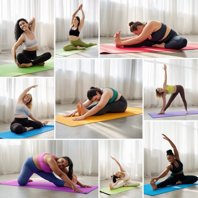 A realistic image of a group of adult women at a yoga class. Women of many races, with slim, curvy, and other body types, all wearing yoga wear, all on colorful yoga mats, all posing, with many angles and POVs. 3–6 angles. — Krea 2 Large