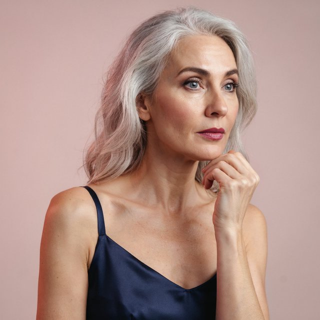 A silver-haired adult woman in a midnight-blue evening gown pauses with lipstick freshly applied, her composed gaze turned slightly aside; diffused rose studio light defines her face and shoulders, with restrained makeup and the polished finish of a fashion magazine. — Model 8