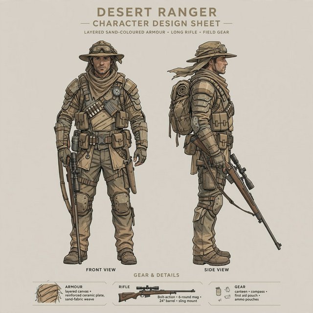 Character design sheet of a desert ranger in layered sand-coloured armour with a long rifle, front and side view, neutral background. — Muse Image 1.0