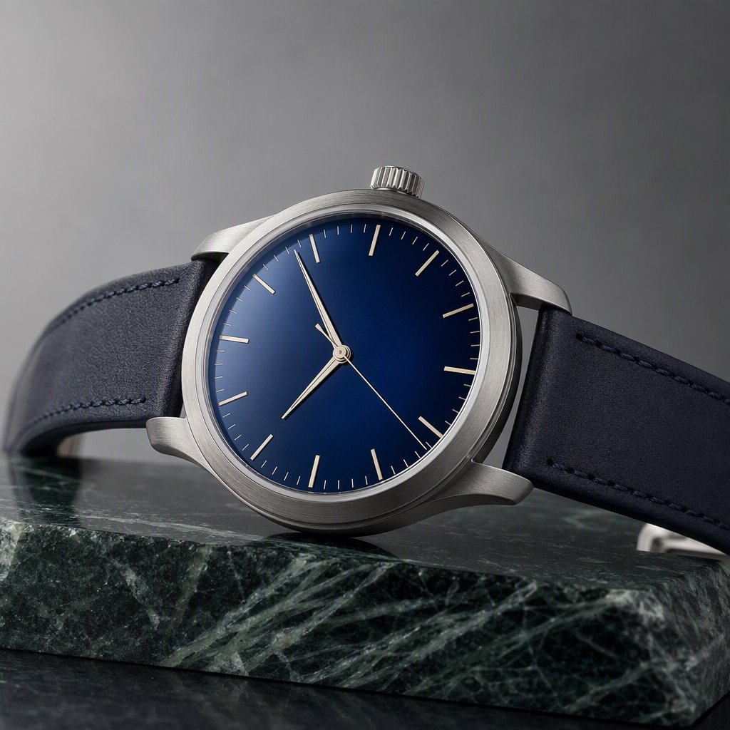 Commercial product photograph of an unbranded mechanical wristwatch with a brushed titanium case and deep blue enamel dial, resting on dark green marble against a soft gray background, illuminated by a large diffused softbox and narrow edge light. — GPT Image 2