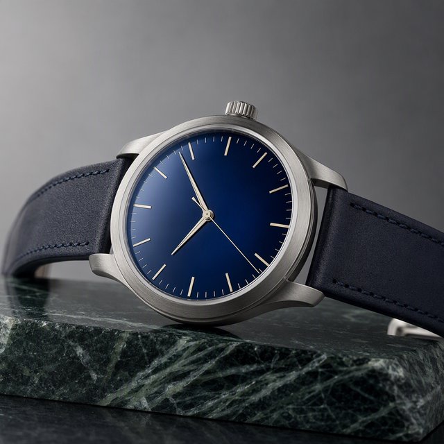 Commercial product photograph of an unbranded mechanical wristwatch with a brushed titanium case and deep blue enamel dial, resting on dark green marble against a soft gray background, illuminated by a large diffused softbox and narrow edge light. — GPT Image 2