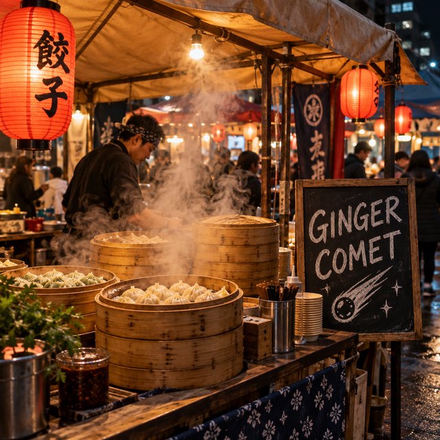 Steam curls above baskets of dumplings at a lively night-market stall, lantern light warming its canvas canopy; "GINGER COMET" is chalked in bold white letters on a blackboard beside the serving counter. — GPT Image 2.5 Flare