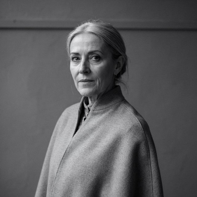 Under a narrow window beam, an adult woman in her late 50s wears a sculpted wool cape over a cotton blouse; her wry expression rests against a charcoal plaster backdrop in a black-and-white portrait, shaped by soft angled light. — Ideogram v4.5