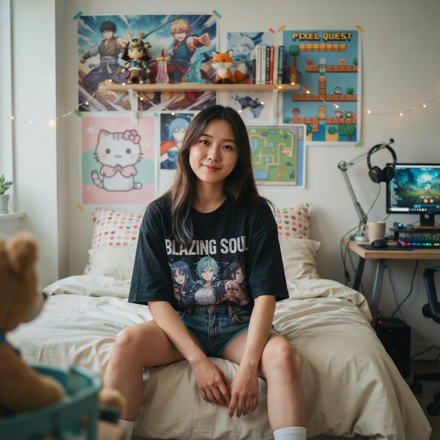 A young beautiful woman of Chinese descent, she is twenty years old, sitting in a bedroom, sitting on the edge of her bed. She is wearing a black anime-themed shirt and denim shorts. She has dark brown hair with light blue highlights, brown eyes, pale skin. Her bedroom has anime- and video game-inspired posters and trinkets. Looking at the viewer, smiling. — Ideogram v4
