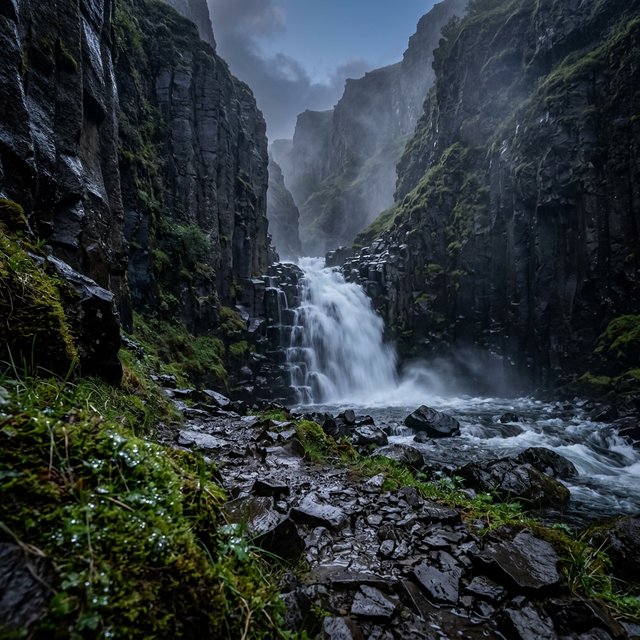 After a passing squall, a waterfall drops through a narrow basalt gorge at dusk, its white plume breaking against dark ledges; rain-beaded moss and sharp foreground stones lead toward cliffs fading behind drifting spray. — Nano Banana 2.1