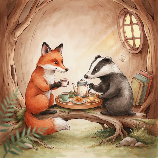 Children's book illustration of a fox and a badger sharing tea in a hollow tree, watercolour and ink, warm and gentle. — Ideogram v4
