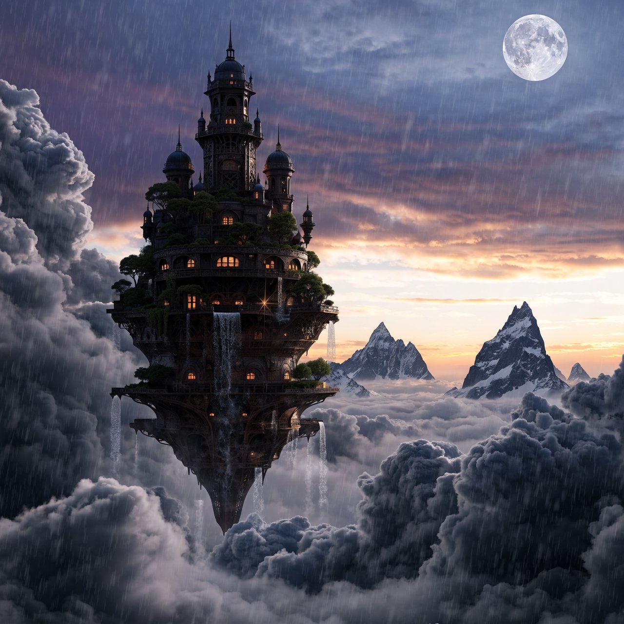 A colossal floating archive-ship drifts above storm clouds, its bronze hull wrapped in hanging gardens and luminous windows, while waterfalls spill into the sky. Distant mountain peaks pierce the cloud sea beneath a violet sunset and cold silver moonlight. — Recraft v4 Pro