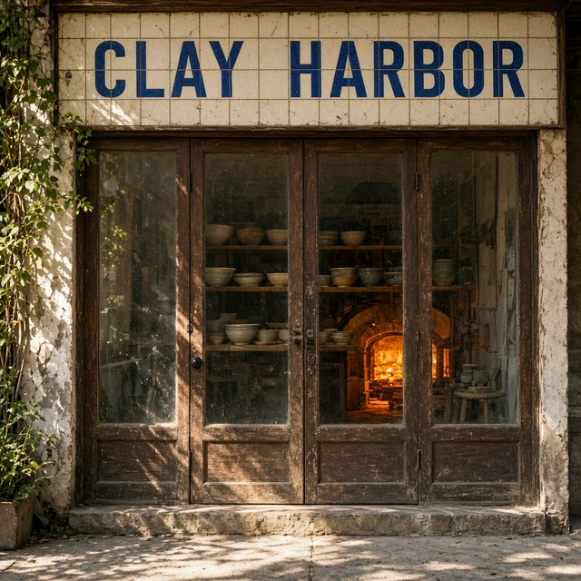 A sunlit ceramicist's studio storefront displays glazed bowls behind dusty glass doors; "CLAY HARBOR" is printed in cobalt-blue block letters across a cream tile transom above the entrance, with kiln warmth glowing inside. — Grok Imagine Image 2