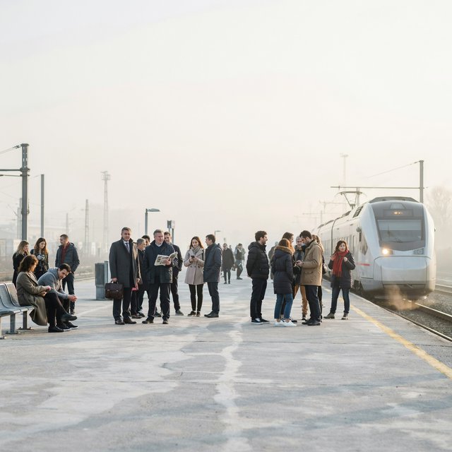 Across a broad station platform, adult commuters wait in loose clusters as a train approaches through pale dawn haze. A real-world press photograph uses a 135mm lens and deep focus; fine brake dust hangs in the sunlit air. — Ideogram v4.5