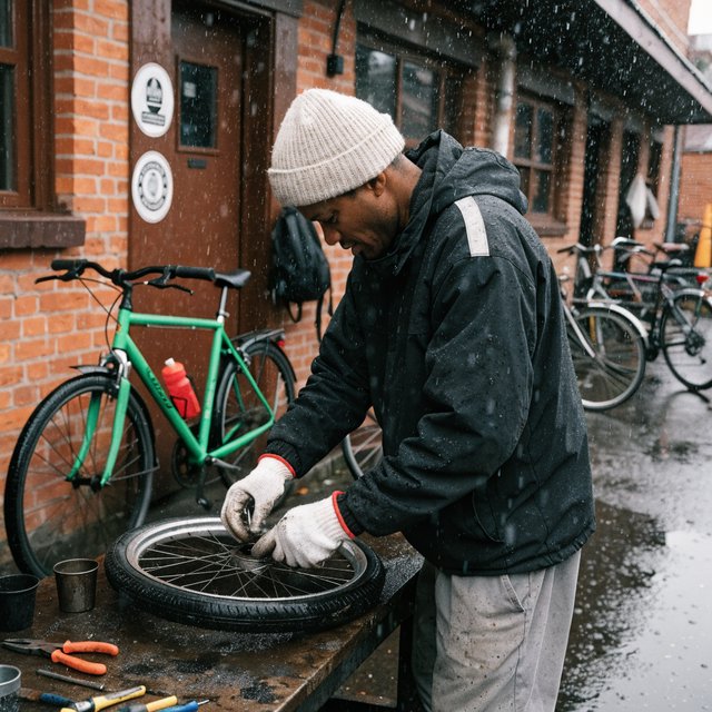 Candid documentary photograph of an adult bicycle mechanic repairing a flat tire outside a neighborhood workshop, soft overcast daylight, 35mm lens with moderate depth of field, greasy fingerprints, dust, and tiny metal shavings visible on the workbench. — Recraft v4