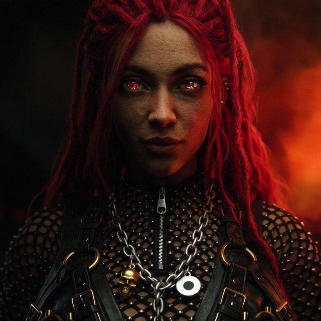 Fishnet grimdark fantasy. A suitable-for-TV-PG adult underworld agent with long crimson-red dreadlocked hair with flowing locks, ruby-red crystalline eyes, real skin pores, photographic rendering, and real material textures. No text. — Krea 2 Large