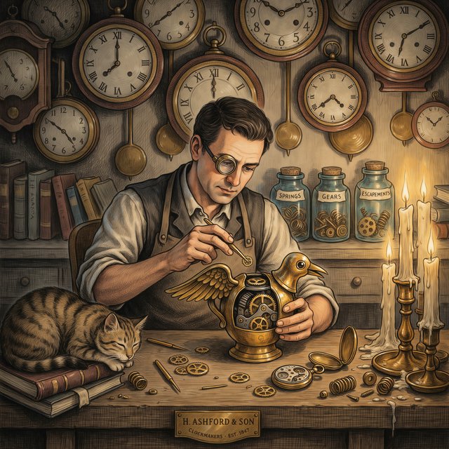Engraved ink illustration of an adult clockmaker assembling a whimsical brass automaton in a candlelit workshop, with gears, springs, and glass jars surrounding the bench. Palette of charcoal, copper, teal, and honey yellow, with crisp crosshatching and warm shadows. — Ideogram v4
