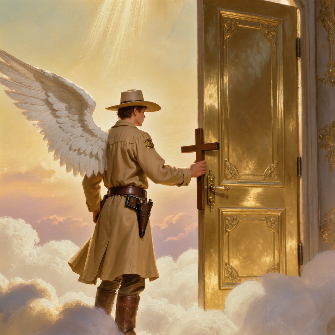 Create a painted image of a frontier lawman in heaven, facing away from the camera with angel wings. He is standing on a ground made of clouds, with a door in front of him. Holding a cross, he uses it to knock on the door. — Kling v3 Omni
