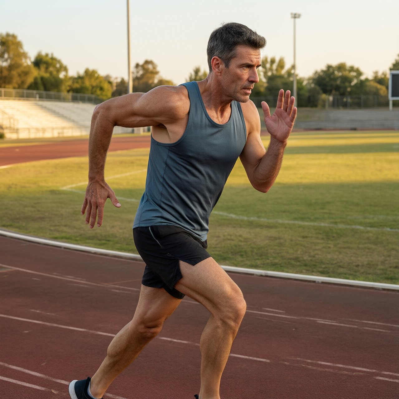 Adult male athlete in running shorts and a tank top mid-sprint on an outdoor track at dawn, muscles defined, motion captured sharply. — Qwen Image 3.0