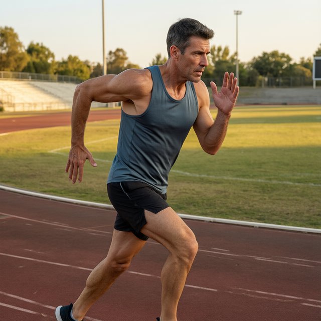 Adult male athlete in running shorts and a tank top mid-sprint on an outdoor track at dawn, muscles defined, motion captured sharply. — Qwen Image 3.0