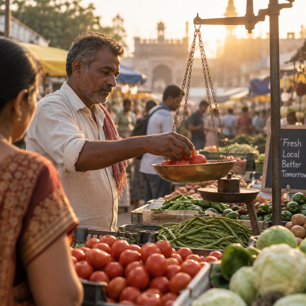 Candid street photograph of an outdoor vegetable market at golden hour, a vendor weighing tomatoes on a brass scale, shallow depth of field, 50mm lens. — GPT Image 2.5 Sunburst