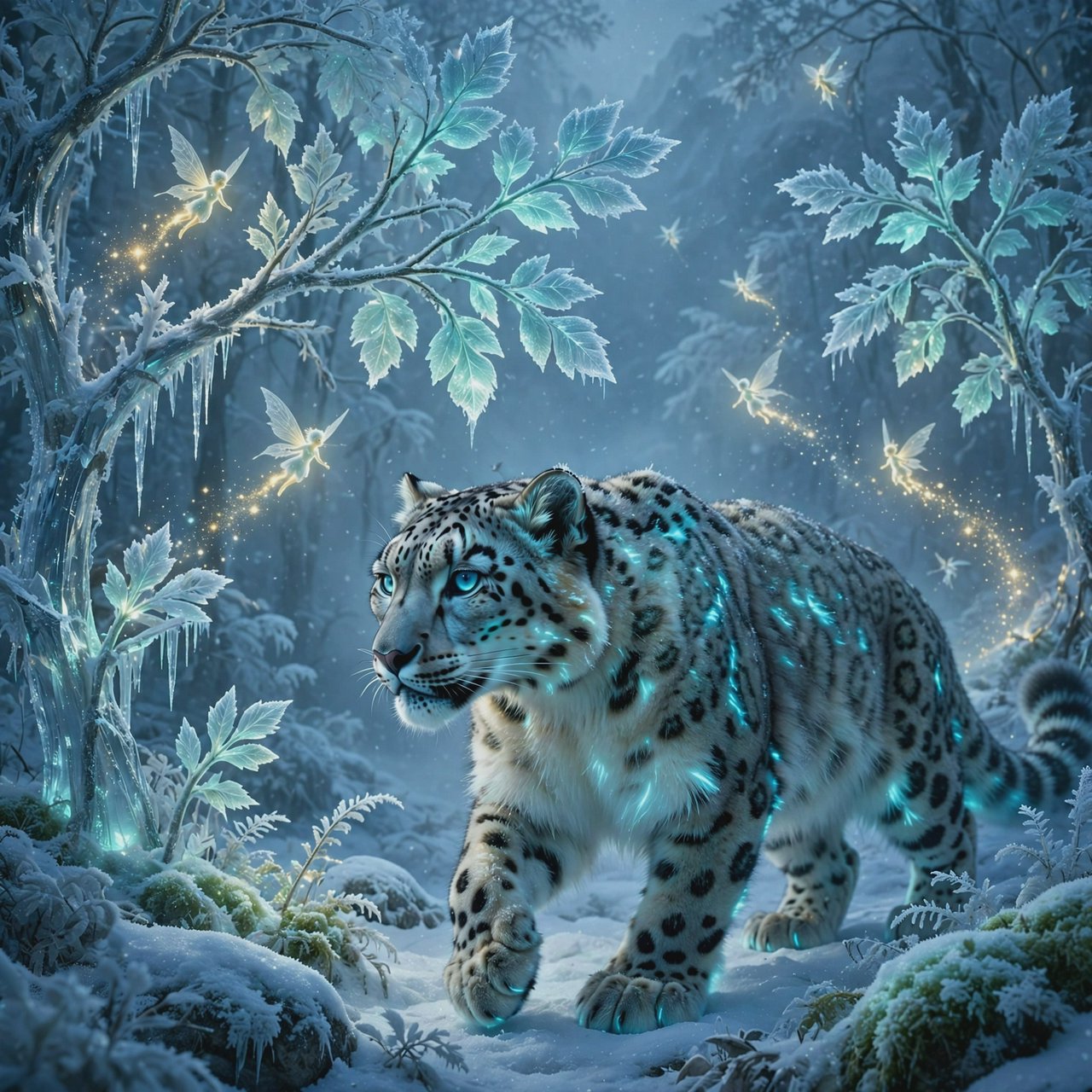 A majestic snow leopard, its fur shimmering with an internal bioluminescent glow, stalks through a frozen, enchanted forest. Crystalline trees with glowing, frost-covered leaves create a magical winter wonderland. Tiny, winged sprites flit between the branches, leaving trails of stardust. The image should capture the essence of a fairytale winter scene with a touch of photorealism, emphasizing the mystical light and the creature's ethereal presence. — Muse Image 1.0